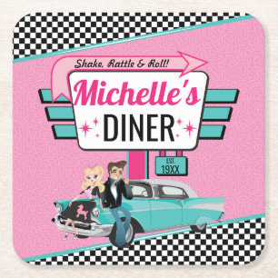 Retro Diner Pink & Blauwgroen Birthday Party uit 1 Kartonnen Onderzetters