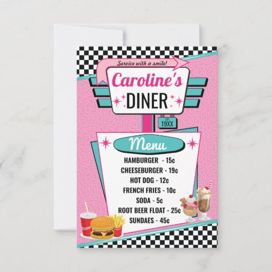 Retro Diner Pink & Blauwgroen menukaart uit 1950 Kaart (Voorkant)