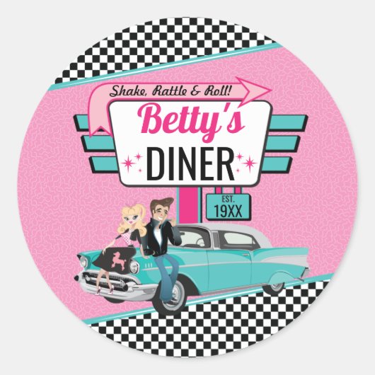 Retro Diner Pink & Blauwgroen Sock Hop van 1950 Ronde Sticker (Voorkant)