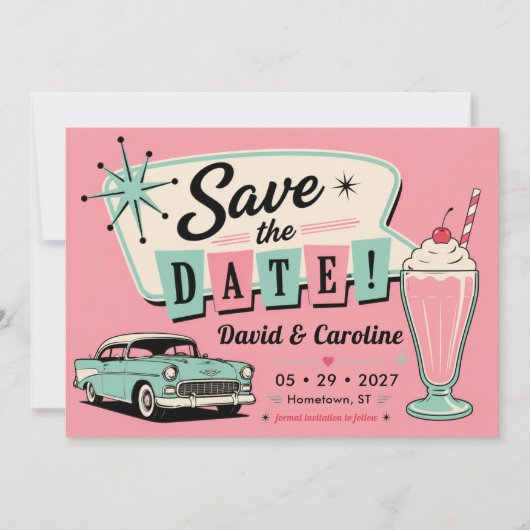 Retro diner roze feestauto bruiloft uit de jaren 5 save the date (Voorkant)