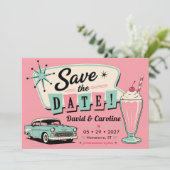 Retro diner roze feestauto bruiloft uit de jaren 5 save the date (Staand voorkant)