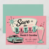 Retro diner roze feestauto bruiloft uit de jaren 5 save the date (Voorkant / Achterkant)