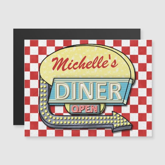 Retro Diner Sign 50s Red Checkered Personalized (Voorkant / Achterkant)