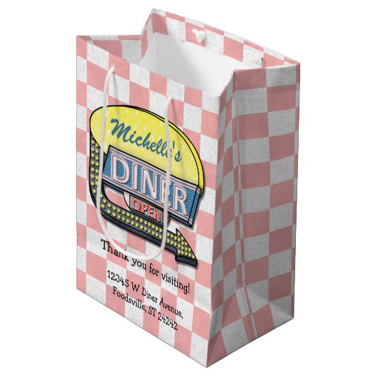 Retro Diner Sign 50s Roze ingecheckte persoonlijke Medium Cadeauzakje (Voorkant Gekanteld)