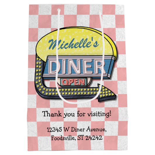 Retro Diner Sign 50s Roze ingecheckte persoonlijke Medium Cadeauzakje (Achterkant)