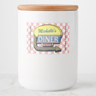 Retro Diner Sign 50s Roze ingecheckte persoonlijke Voedselcontainer Etiket