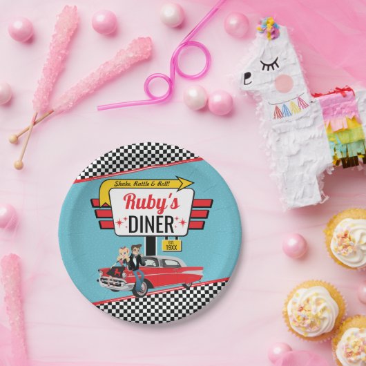 Retro Diner uit 1950 Blauwgroen, Rode verjaardag Papieren Bordje (Feest)