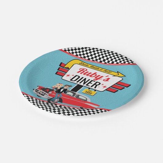 Retro Diner uit 1950 Blauwgroen, Rode verjaardag Papieren Bordje (Gekanteld)