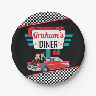 Retro diner uit de jaren 50 Zwart, Teal, Rood verj Papieren Bordje