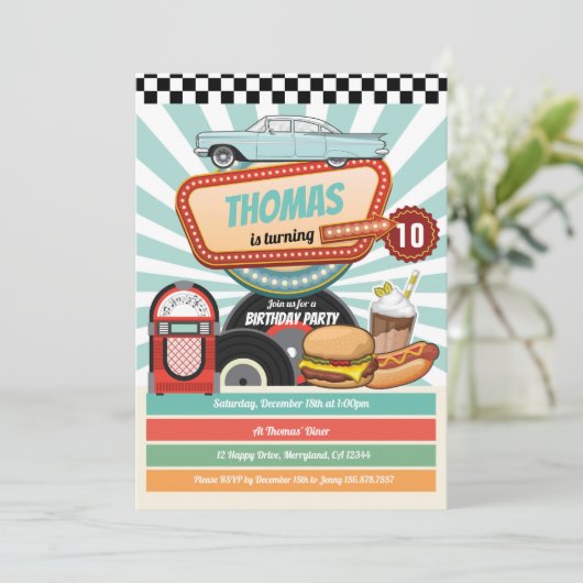 Retro diner verjaardag  hamburger milkshake kaart (Staand voorkant)