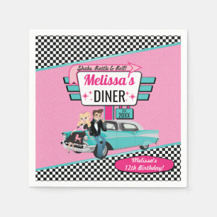Retro Diner Vintage-auto uit 1950 Blauwgroen, roze Servet