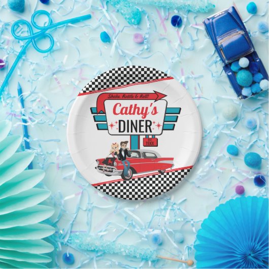 Retro Diner White, Blauwgroen, Red Birthday Party  Papieren Bordje (Feest)