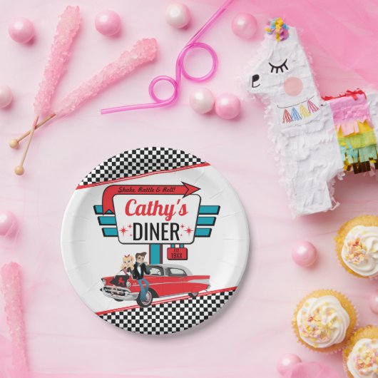 Retro Diner White, Blauwgroen, Red Birthday Party  Papieren Bordje (Feest)