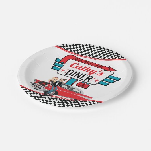 Retro Diner White, Blauwgroen, Red Birthday Party  Papieren Bordje (Gekanteld)