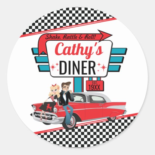 Retro Diner White en Red Sock Hop van 1950 Ronde Sticker (Voorkant)