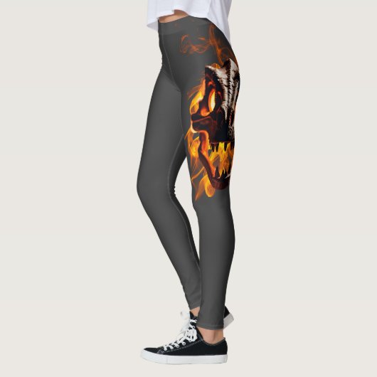 Retro Dinosaur Dode Verbrande Schedel in Vuur Leggings (Links)