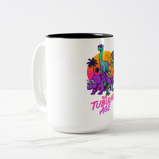Retro Dinosaur Party in Neon Sunset Tweekleurige Koffiemok (Voorkant links)