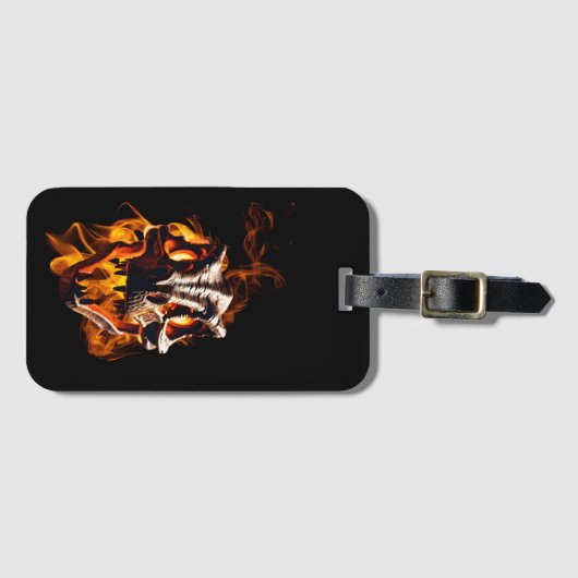 Retro dinosaurus dode brandende schedel in vuur bagagelabel (Voorkant (horizontaal))