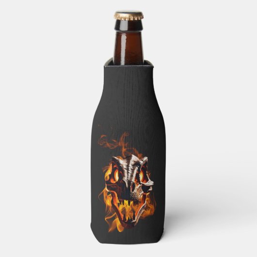 Retro dinosaurus dode brandende schedel in vuur flesjeskoeler (Fles Voorkant)