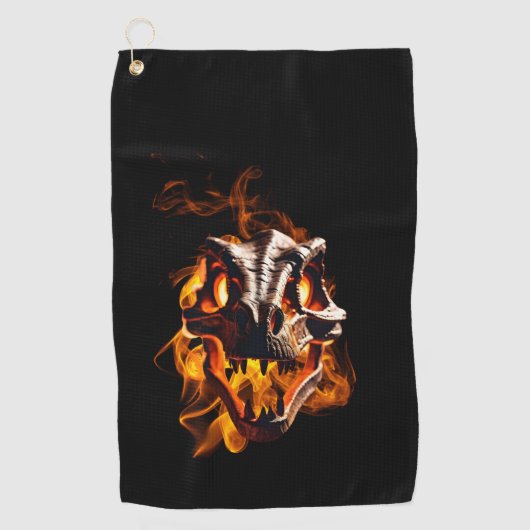 Retro dinosaurus dode brandende schedel in vuur golfhanddoek (Voorkant)