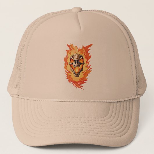 Retro dinosaurus dode brandende schedel in vuur trucker pet (Voorkant)