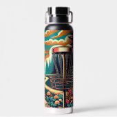 Retro Disc Golf Psychedelische Kunst Waterfles (Achterkant)