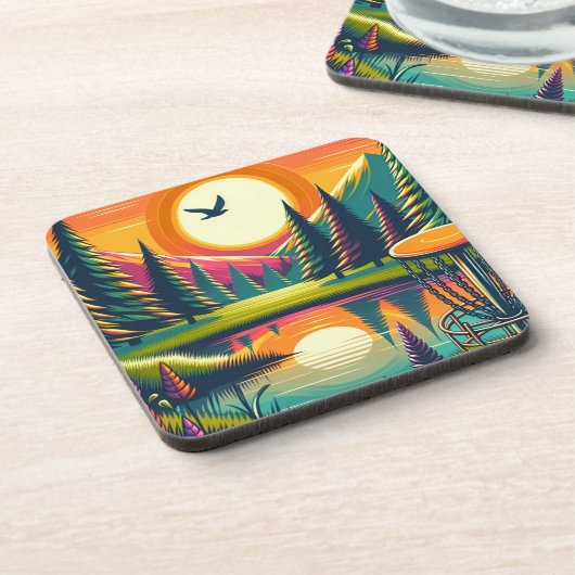 Retro Disc Golf Zonsondergang en Bomen Bier Onderzetter (Linkerzijde)
