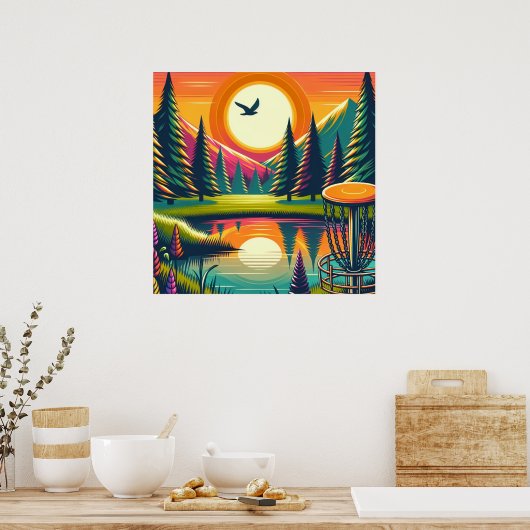 Retro Disc Golf Zonsondergang en Bomen Poster (Keuken)