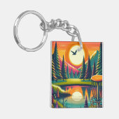 Retro Disc Golf Zonsondergang en Bomen Sleutelhanger (Voorkant Links)
