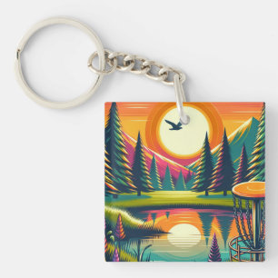 Retro Disc Golf Zonsondergang en Bomen Sleutelhanger
