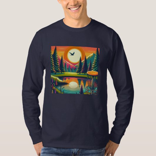 Retro Disc Golf Zonsondergang en Bomen T-shirt (Voorkant)