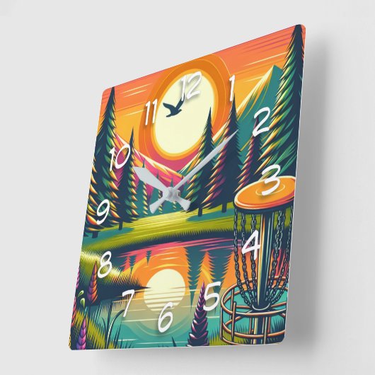 Retro Disc Golf Zonsondergang en Bomen Vierkante Klok (Hoek)