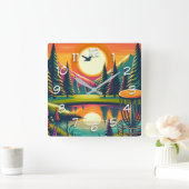Retro Disc Golf Zonsondergang en Bomen Vierkante Klok (Huis)