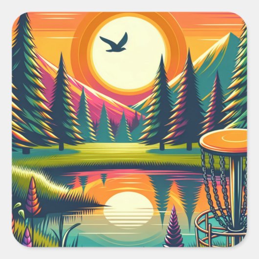 Retro Disc Golf Zonsondergang en Bomen Vierkante Sticker (Voorkant)