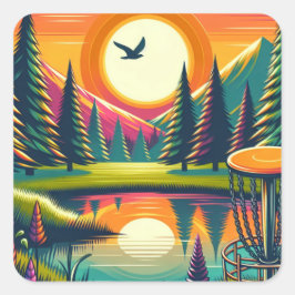 Retro Disc Golf Zonsondergang en Bomen Vierkante Sticker