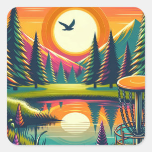 Retro Disc Golf Zonsondergang en Bomen Vierkante Sticker