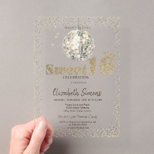 Retro Disco Bal Confetti Sweet 16 Acryl Uitnodigingen