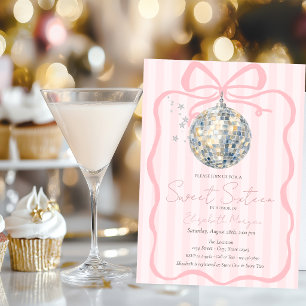 Retro Disco Bal Roze Strik Roze Strepen Sweet 16 Kaart