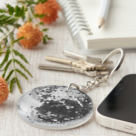 Retro disco bal sprankel glitter zilver verjaardag sleutelhanger (Voorkant Rechts)