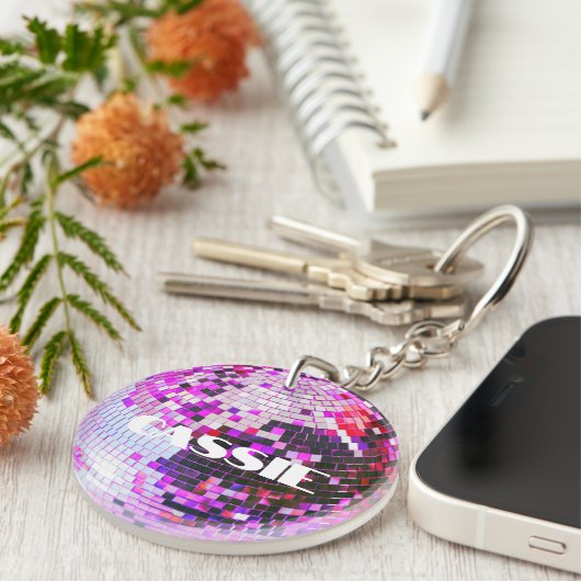 Retro disco bal sprankelen glitter roze verjaardag sleutelhanger (Voorkant Rechts)