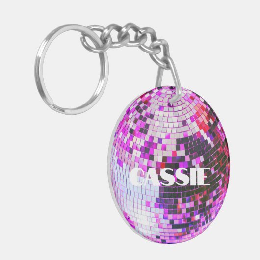 Retro disco bal sprankelen glitter roze verjaardag sleutelhanger (Voorkant Links)