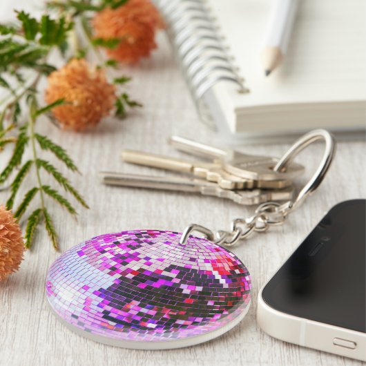 Retro disco bal sprankelen glitter roze verjaardag sleutelhanger (Voorkant Rechts)