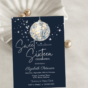 Retro Disco Bal Sterren Navy Blauwe Sweet 16 Kaart