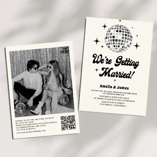 Retro Disco Bal Zwart Wit QR Code Trouwen Kaart