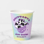 Retro Disco Ball Cowgirl Pet Bachelorette Papieren Bekers<br><div class="desc">Meisjesmeisje paarse glitter disco bal en een zeer retro koe- cowgirl pet team tot creëer de perfecte disco cowgirl papieren beker. Een holografische paarse, blauwe en gele waterverf achtergrond lijsten het. Dit item maakt deel uit van het Paarse Glitter- en Koe Pattern-Collectie waar je veel bacheloretpartijbenodigdheden en partijbenodigdheden zult vinden....</div>