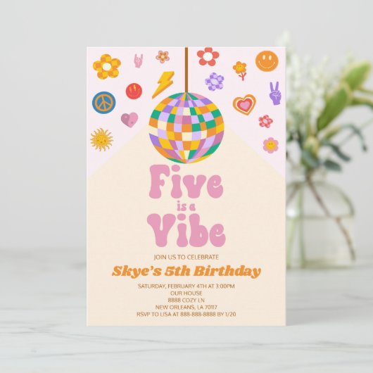 Retro Disco Ball Five is een vibe 5e verjaardagsfe Kaart (Staand voorkant)