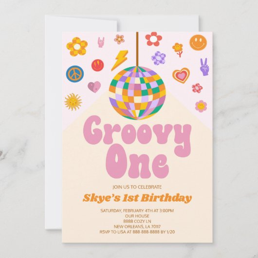Retro Disco Ball Groovy Een 1e verjaardagsfeestje Kaart (Voorkant)