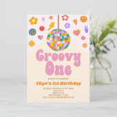 Retro Disco Ball Groovy Een 1e verjaardagsfeestje Kaart (Staand voorkant)