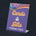 Retro Disco Ball-Kaarten en Gifts Party Reclamebord Met Voetstuk<br><div class="desc">Retro Echo multi-kleurige tekst met Psychedelic die Disco bal en funky regenboog schudt. Geweldig voor de 'Birthday',  het Afstuderen of de 'Bachelor/Bachelorette' Partijen. Voeg je aangepaste tekst onderaan toe. ©2023 Miss Sassy Party Design.</div>
