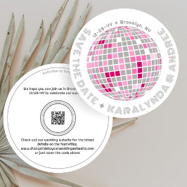 Retro Disco Ball Roze en Grijs Rond Huwelijk Save The Date